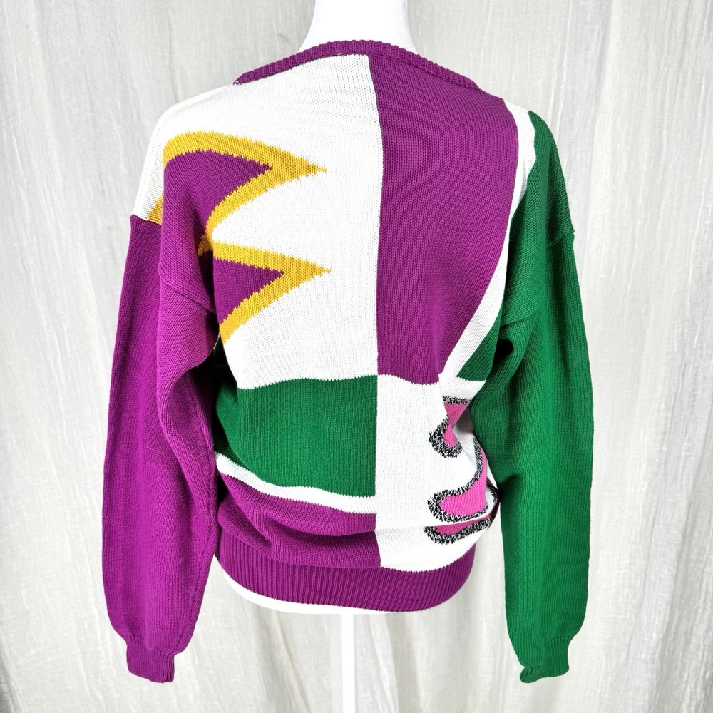 Vintage 80s Intarsia Knit Sweater Womens M Retro Quirky Maximalist Dopamine Boxy - Picture 4 of 8
